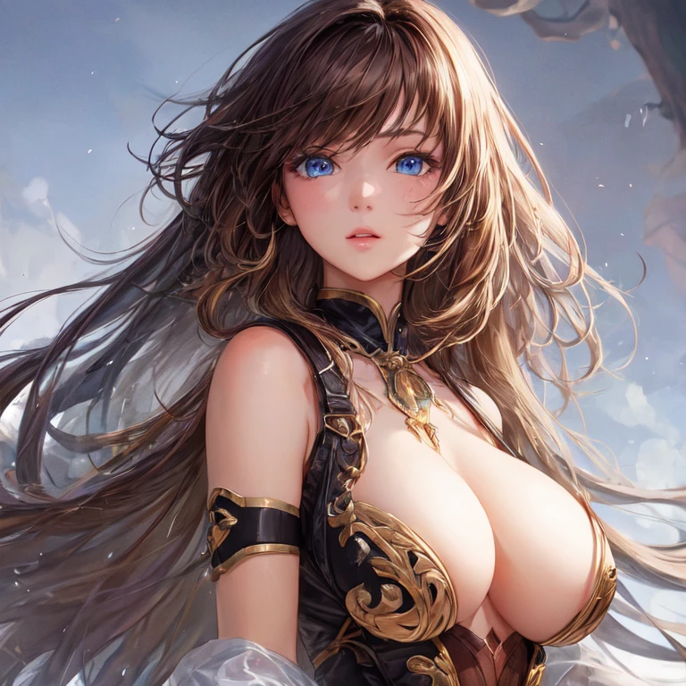 Beautiful girl fighter with long brown hair, and blue eyes, big breasts, uhd, textured skin, super detail, high details, high quality,