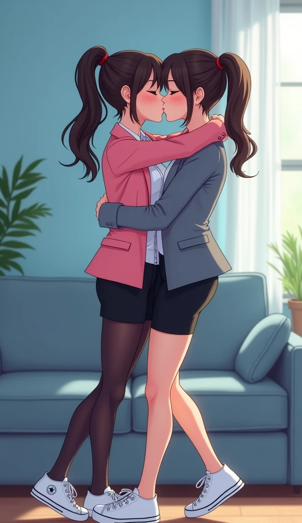 Two girls, long black hairs, yuri, lesbian
(The first girl wear a pink suit jacket, white shirt, black pencil skirt, black underpants, black tights, white socks, white sneakers high top)
(The second girl wore a grey suit jacket, white shirt, black pencil skirt, black underpants, black tights, white socks, white sneakers high top)
french kiss, lesbian kiss, hugging, sensual body, closed eyes, her hand sneaked into her skirt, light blue living room, novel cartoon, 4K, HD