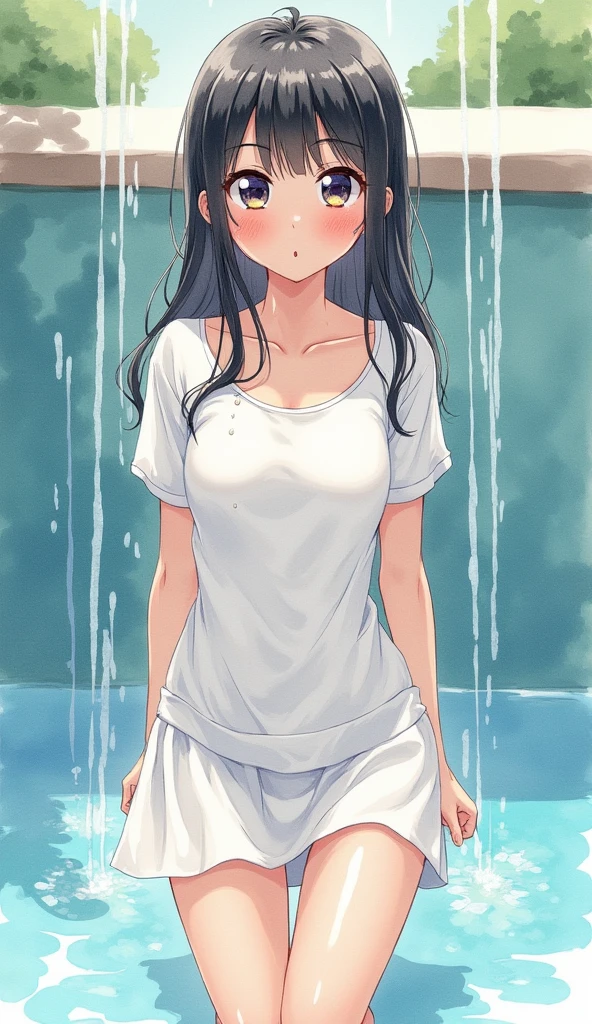 Watercolor, front view, wet from fountain, detailed eyes of cute Japanese girl, getting wet, ((so wet you can see through)), dripping, wet clothes, soaked girlfriend, plain white U-neck, white mini skirt, looks like she's having fun, fell and fell on her bottom
