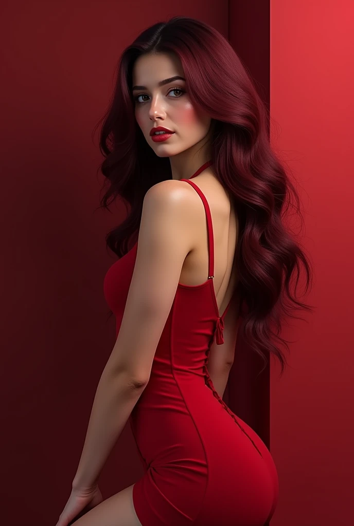 A bright burgundy dyed brunette in a red dress