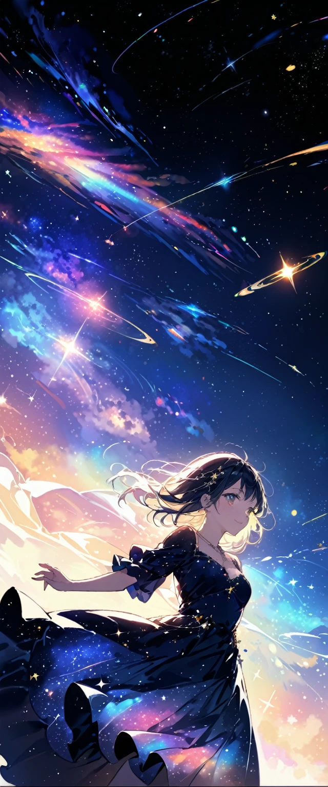 Attention to detail, Super Detail, Ultra-high resolution, A girl having fun in a dream galaxy, Surrounded by stars, The warm light that shines on her, The background depicts a starry sky with colorful galaxies and galactic clouds, The stars fly around her, Delicate face, Add some fun , dress red