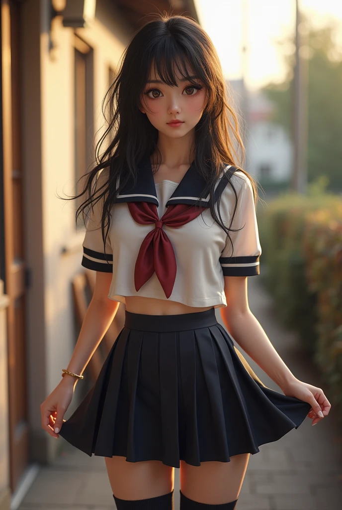 (photorealism:1.2), hyperrealistic. a young woman wear a skirt and tights, cute schoolgirl, pretty face, a schoolgirl uniform, thighhighs and skirt, wearing skirt, sexy outfit, wearing skirt and high socks, intriguing outfit, dynamic pose, outdoor background, soft light, sunrise. photography.
