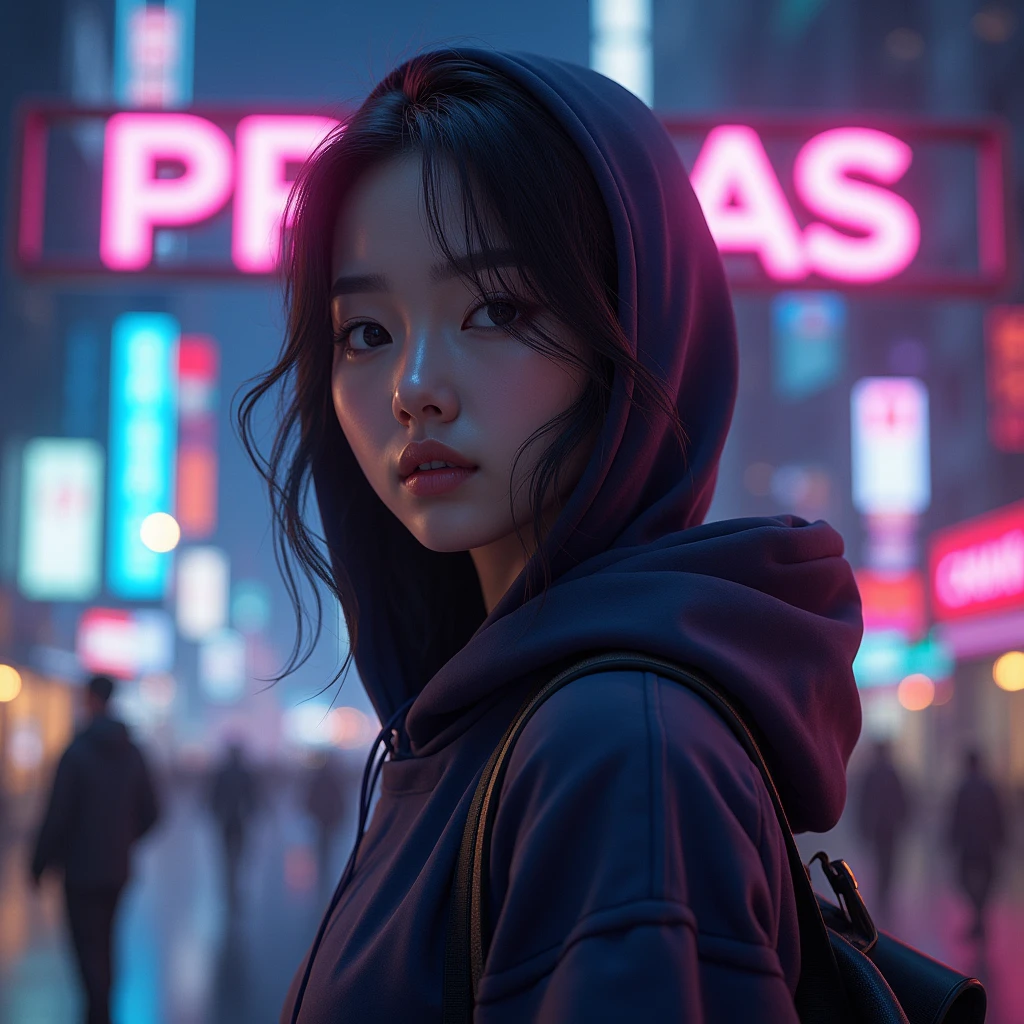 create a character hoodie, background: night city, background insert the HD text: “Pras”, HD, realistic, female, age 25, beautiful korean style, full body