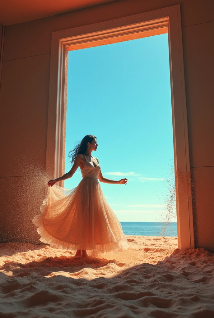 Please generate a picture of a house where there is sand inside the room and red light but though the window you can only see the blue sky. it should be realsitic. there should be a big window. the format should be JPG-Format, 3000 x 3000 px. there should be one beautiful women dancing inside.

