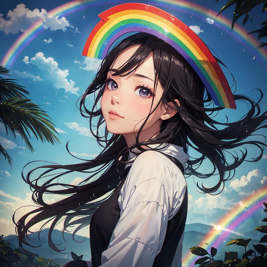 Title: "A woman looks at a rainbow after the rain."