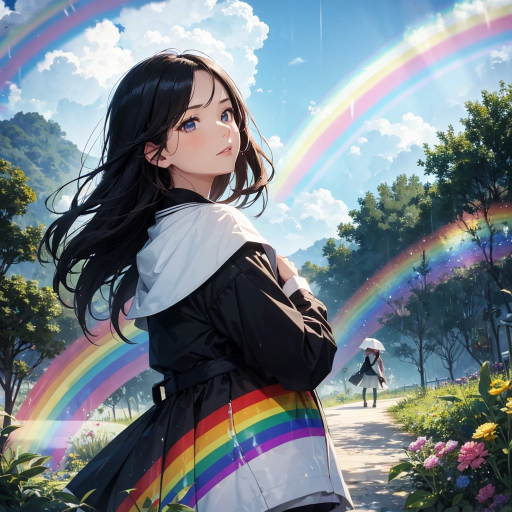 Title: "A woman looks at a rainbow after the rain."