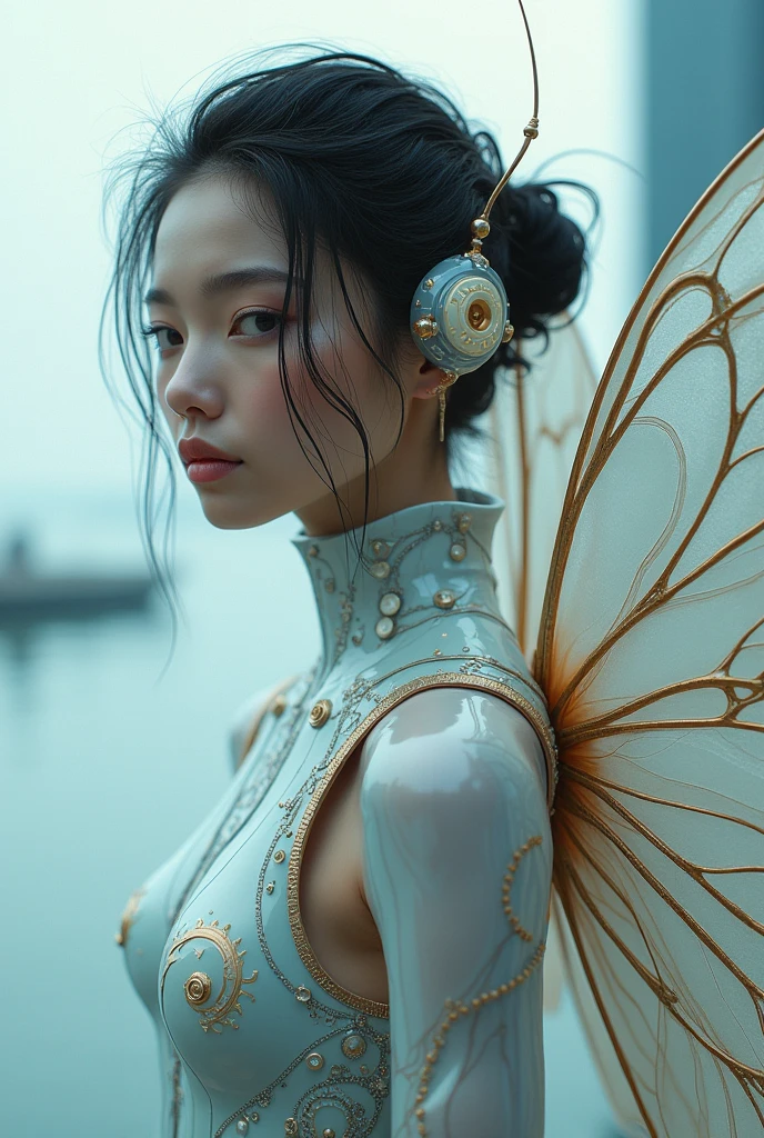 A girl wearing a butterfly-like plug suit、Detailed skin、Actual item、Waterfront、photograph、Butterfly Wings、Ancient Technology、Model pose、cyber punk