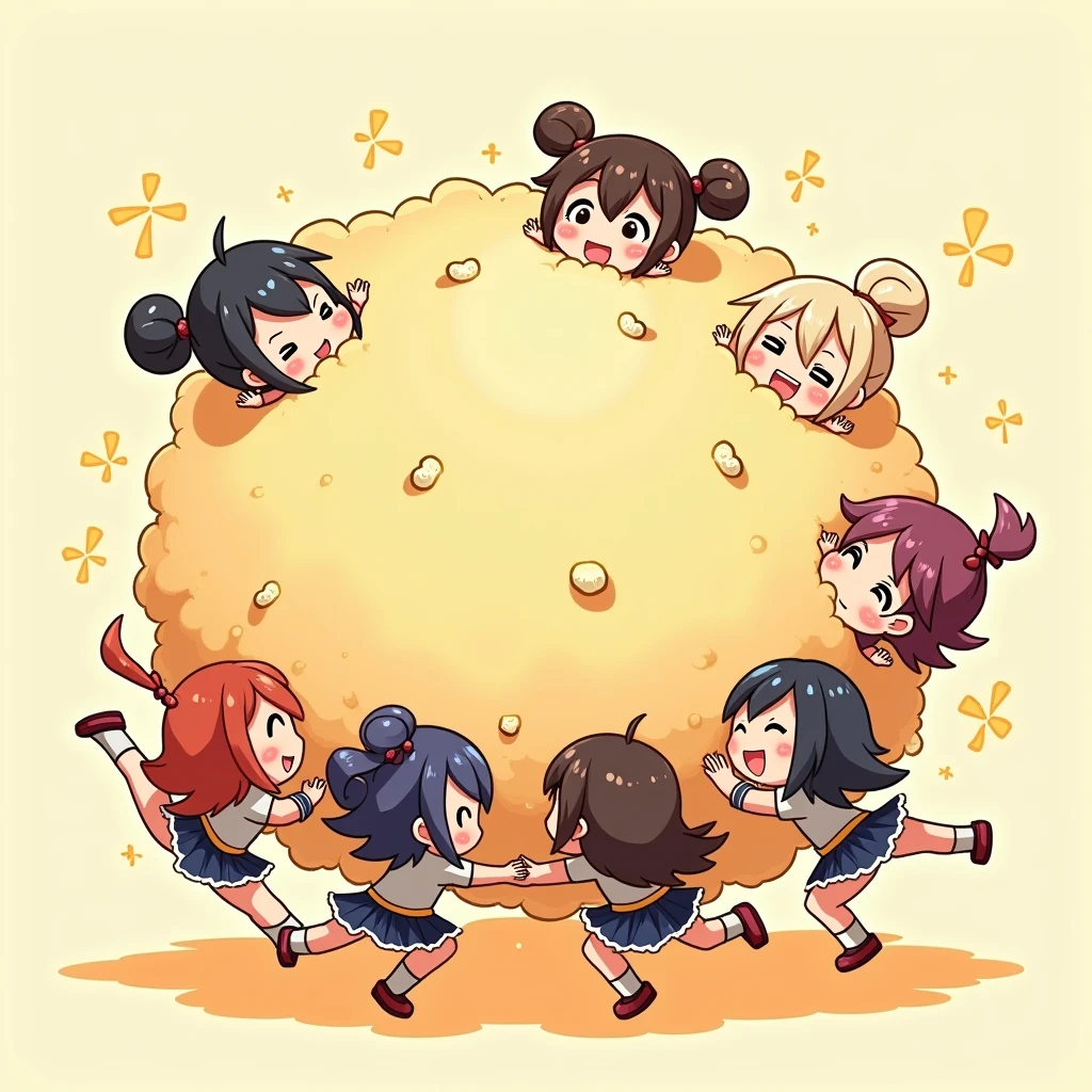 An anime-style illustration depicting many chines style-girls playfully wrestling with each other inside a gold comical fight cloud.
each chaines-girl has different  colored hair.
their faces,hands,and feet are visible emerging from the cloud as they tussle humorously,  with the rest of their bodies completely hidden inside the cloud.
the illustration emphasizes the humorous and energetic nature of their scuffle,with a fluffy  and exaggerated fight cloud.