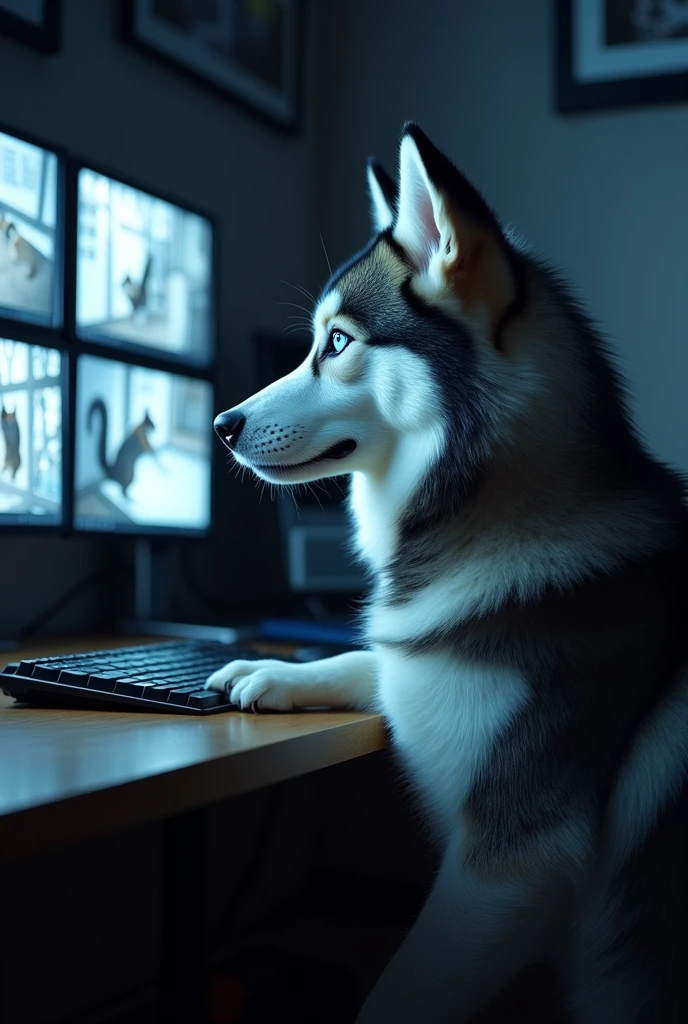 Siberian hisky at a computer watching squirrels on surveillance cameras