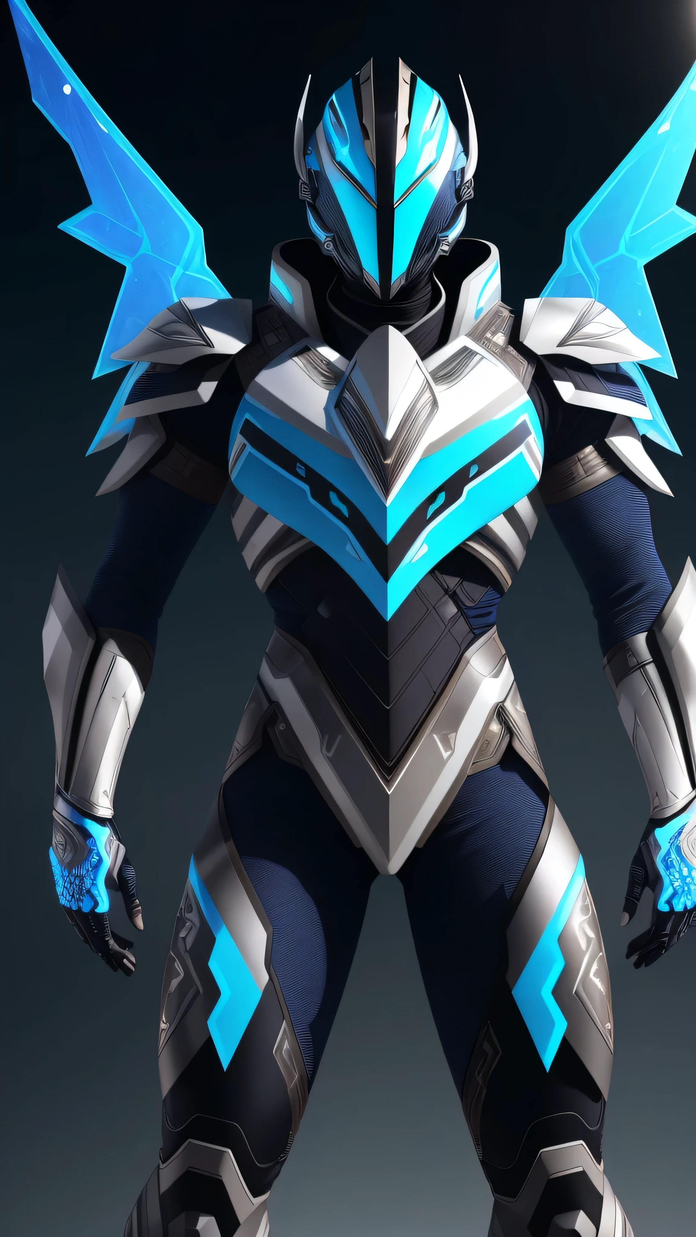futuristic alien warrior, sleek black armor with (blue patterns:0.8), white pants, streamlined egg-shaped helmet with a crest, face partially obscured, equipped with a large angular shield and a spear-like weapon, triangular wings with sharp edges, and are colored in black with vibrant (blue highlights:0.8), desert-like environment, cloudy sky, elements of high-tech armor with ancient warrior motifs, 1man, solo, full body view, (masterpiece, best quality), (hyper realistic:1.6), ((detailed face)), ((award-winning)), (sharp), (8k resolution), (cinematic lighting)
