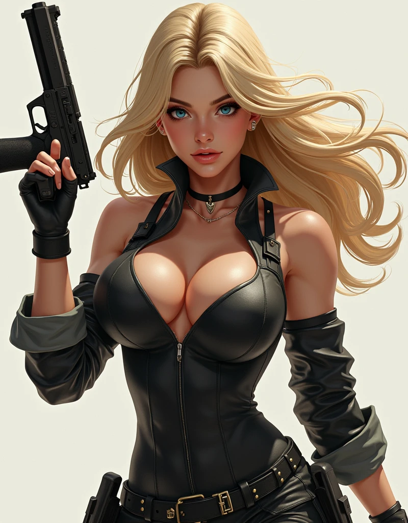 close up of woman with gun, lindosexyrobatts, cammy, high resolution commission, fighter pose, exquisite high detail fanart, lola bunny fanart, eddie mendoza, fighting pose, rudo pose, ivan talavera and artgerm style, wide legs, blonde hair, blue eyes, sfw huge boobs,huge boobs:1.6, beautiful body, sculpted body, hourglass body, thin waist