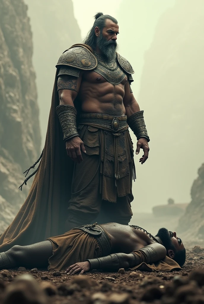 Ancient warrior stand behind dead body