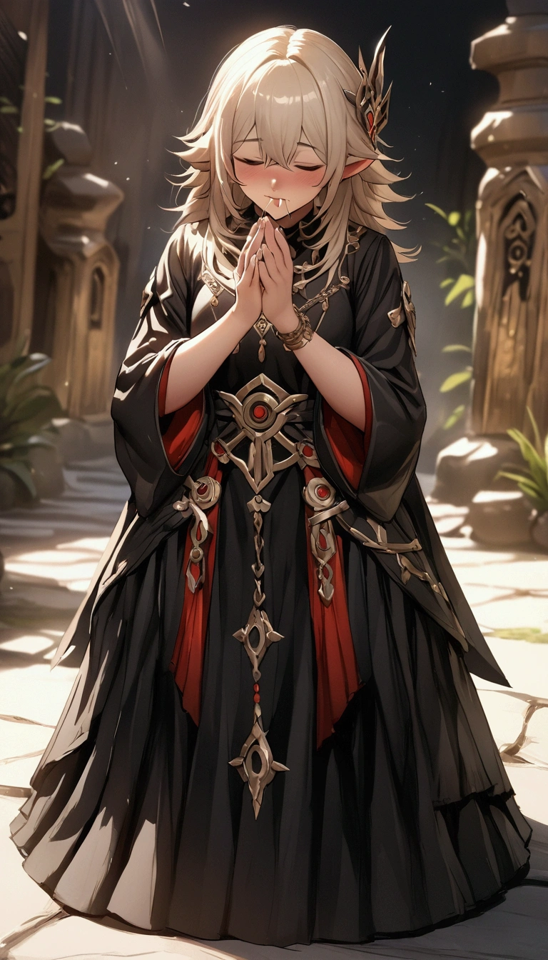 (Masterpiece. The best quality. 8K. Sharp focus. Depth of field, The best shadows. Perfect lighting. HDR. Realistic skin texture. Ultra-detailed background. Detailing). Dehia. Genshin Impact. snotty sneezing. Snot. Nasal mucus. Snotty spray. Achoo. Sneeze in her hands. Standing. Full body.