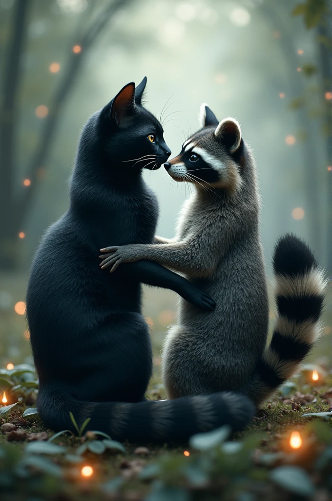 A black cat and a raccoon doing the ying yang
