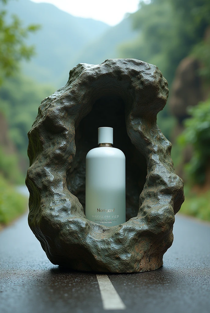A premium perfume in a rock on a road