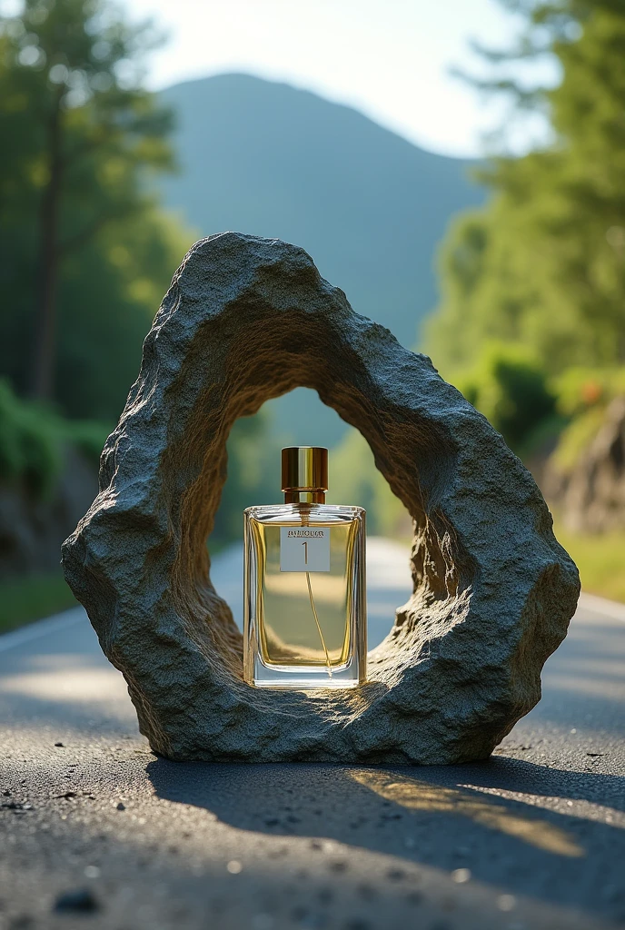 A premium perfume in a rock on a road