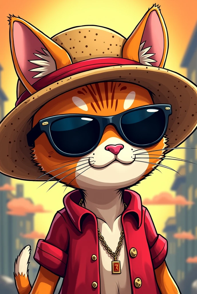 Cat wearing savage cool glass with Luffy hat cartoon characters logo