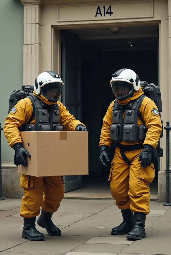 Two bomb disposal experts in a bomb disposal suit with a helmet during a furniture move with full hands and boxes. Faces cannot be recognized. In front of a building with the inscription A14.