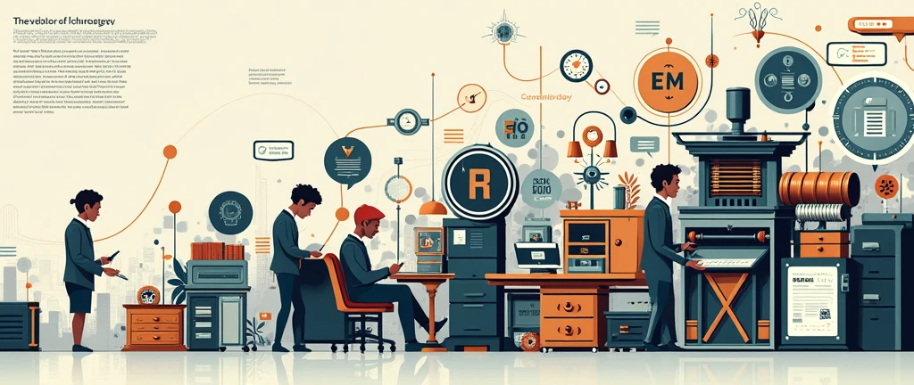 graphic art of lines depicting the evolution of printing press from Gutenberg press to modern digital printing press, and everything in between, in chronological order