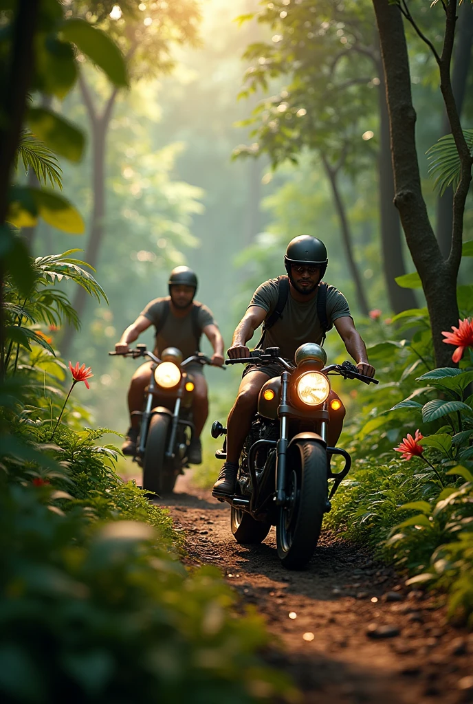 Exploring the heart of the jungle on two wheels with friends -where every trail leads to adventure and every moment is a new discovery , metal body reflection, hyper realistic,minut details dence forest, 4k quality , evening time, extreme detailing 