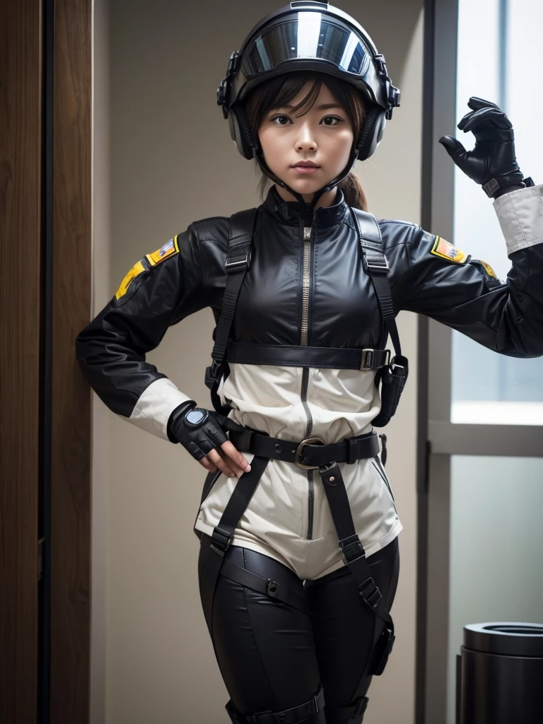 A female soldier wearing a fighter jet piloting helmet and a thick harness belt、