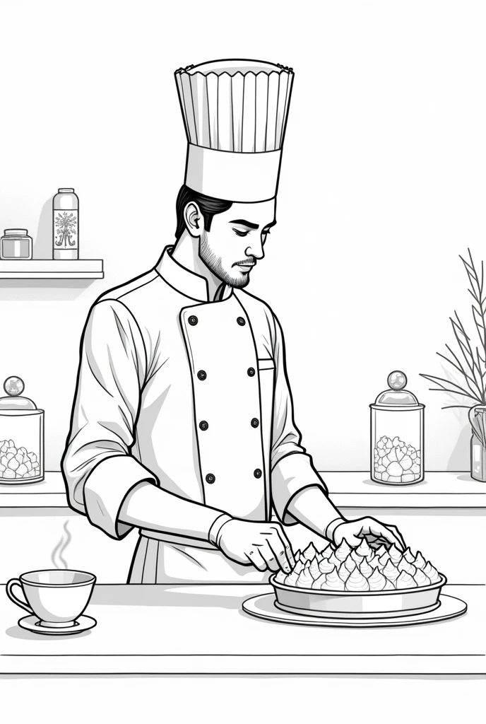 Line art　An illustration　Monochrome　All　simple　Stylish　Cafe style　Pastry chef making snow meringue pie　male　Fairy tale style
