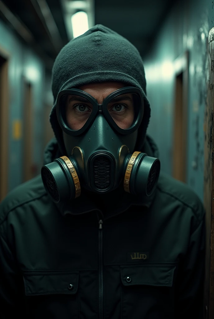 A man in a confined space wearing a full face respiratory protection mask without PFF on the sides