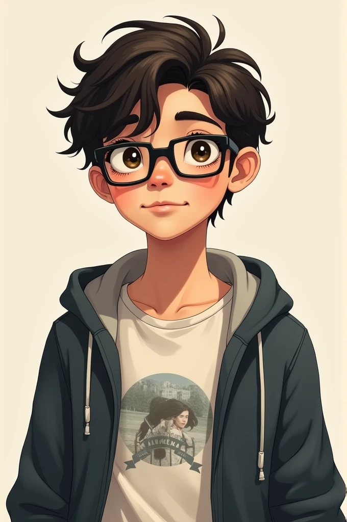 Imagine an 1 boy with short, tousled hair, wearing a pair of modern, rectangular glasses. He might have a casual yet stylish outfit, such as a graphic tee and a hoodie or a button-up shirt. His expression could be thoughtful or confident, and he might be standing against a neutral background or in a relaxed setting.