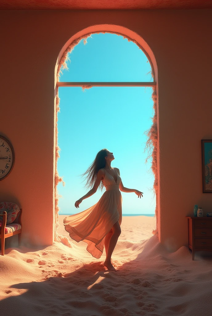 Please generate a picture of a house where there is sand inside the room and red light but though the window you can only see the blue sky. it should be realsitic. there should be a big window. the format should be JPG-Format, 3000 x 3000 px. there should be one beautiful women dancing inside.