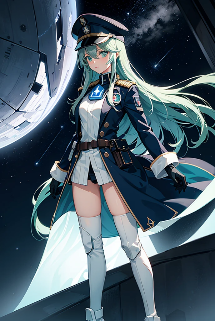 bondrewd wearing a blue peaked cap with light color green hair, 1girl, long hair, gloves, green eyes, white gloves, blue military uniform, pelvic_curtain, no pant, looking at sky, very long hair, white hair green color inner, uniform, solo, mature female, perfect full body, beautiful background (night sky, stars), ultra detailed, detailed eyes, Star Wars CIS emblem on the hat, vibrant colors