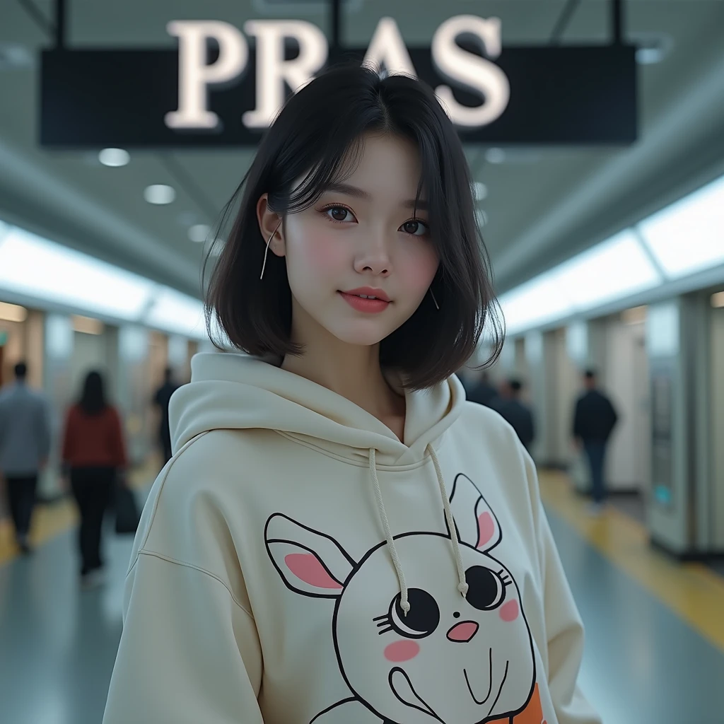 create a character hoodie, background: MRT station, background insert the HD text: “Pras”, HD, realistic, female, age 25, beautiful korean style, full body