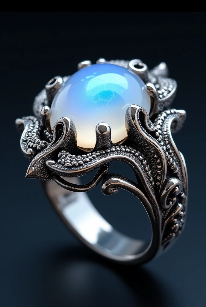 jewelry, ring,moon stone concept ,shiny,luxury,silver color ,never seen,complex,multi layer,