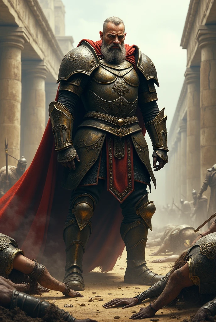Ancient warrior stand front of dead bodys