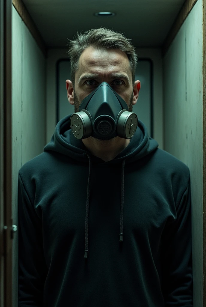 A man in a confined space wearing a respiratory face mask