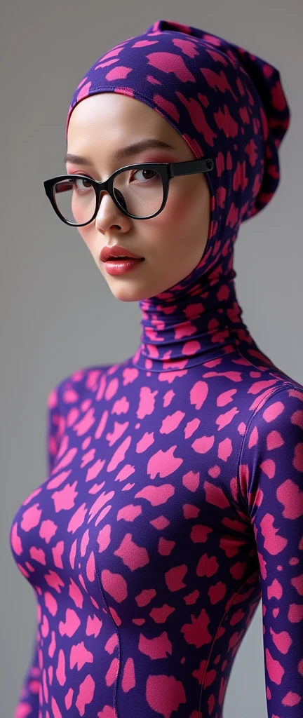 The beautiful and thinest chinese adult woman with glasses purple and pink leopard print lycra elasticity turtleneck unitard catsuit.She always wear hijab-like zentai costume hood made of lycra elasticity.She performs contortion when she is my contortionist.