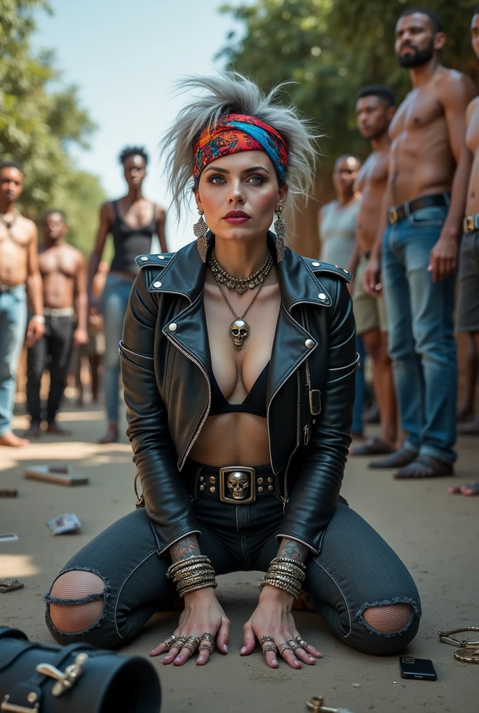 russian milf woman, grey hair (pouf, shaved sides and top bun and shaved sides) and wide colourful bandana as headband, with very light blue eyes, extremely pale. Wearing cropped shiny black suede moto jacket with studded collar, lots of zippers and pins, black push up bra with white seams , dark skinny blue jeans with holes in knees and dirty white tennis sneakers . Studded Choker. Lots of metallic bracelets and collars. Tacky wide studded leather belt with oversized skull and bones buckle. Long bohemian earrings with feather. Kneeling like in a payer, looking at the camera, humble facial expression. Hands on her knees, showing off bracelets and rings. studded black leather tote bag with chains on the floor, next to her.. Listening in amazement to somebody speaking to her, toned six pack abdominals, thin neck, slim legs and thin arms. Tattoed heavily. Dirt street in Kenian village full of waste. A lot of tanned shirtless men in jeans around looking at her. next to her, all her belongings scattered on the floor: makeup kit, little makeup mirror, studded black leather tote bag, lipstick, wallet, moble etc on the floor