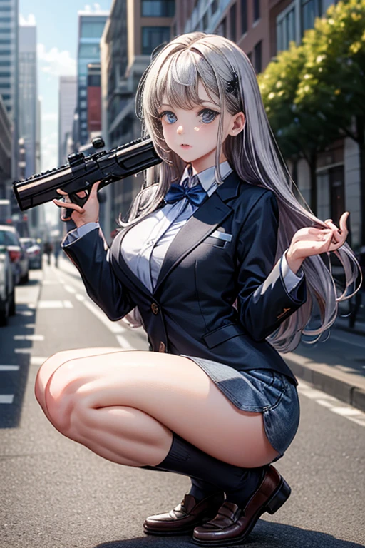 Highest quality、Ultra HD、One Woman、(Silver long hair 1.3)、(Green blazer 1.3)、(White tight mini skirt 1.3)、(Black tie)、(Black loafers 1.1)、((Shooting a gun 1.2))、(Large Breasts)、(Thighs)、(Black knee-highs 1.2)、(Beautiful face with sharp eyes 1.2)、40-year-old woman、Slender body、(Evening school background 1.2)、((Clear and beautiful touch))