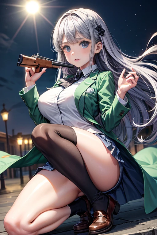 Highest quality、Ultra HD、One Woman、(Silver long hair 1.3)、(Green blazer 1.3)、(White tight mini skirt 1.3)、(Black tie)、(Black loafers 1.1)、((Shooting a gun 1.2))、(Large Breasts)、(Thighs)、(Black knee-highs 1.2)、(Beautiful face with sharp eyes 1.2)、40-year-old woman、Slender body、(Evening school background 1.2)、((Clear and beautiful touch))