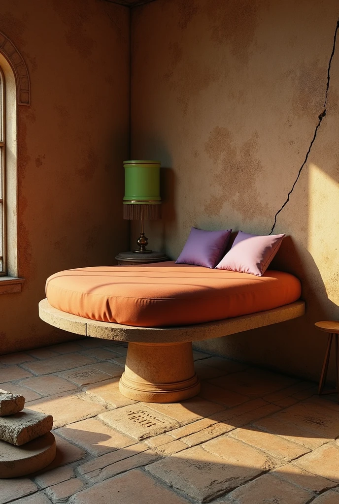 Worn cracked moldy brick Brown wall. Round tangerine floating bed,  two lilac pillows. One triangle lime Green stand lamp. One large worn old terracota base, with Egyptian gerogliphics.