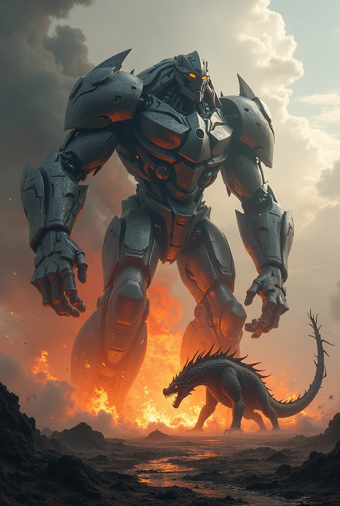 Make a titanium giant fight a strong demon dragon