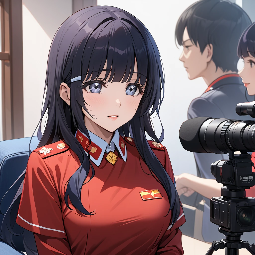 ((Highest quality)), ((masterpiece)), (detailed), （Perfect Face）、The woman is Aoki Reika, a news anchor for the Chinese national broadcasting station with medium-long hair, wearing a red suit.、The woman is a Chinese female announcer interviewing a Chinese Communist Party member.