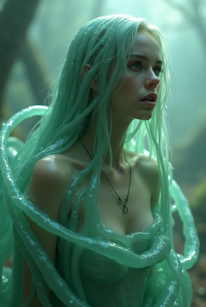A beautiful girl is absorbed by slime, and her body is taken over by slime, her whole body is covered in slime, the girl is trapped in the slime's body.