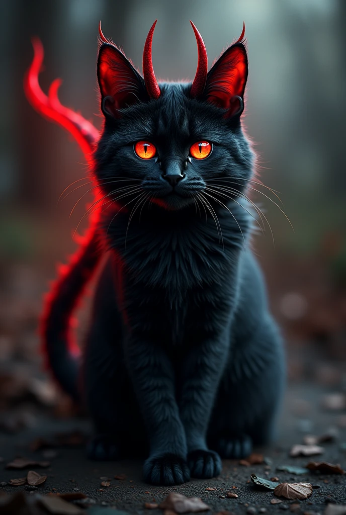 black and red cat, cat with demon tail, cat with devil horns, detailed eyes, detailed fur, hyperrealistic, 8k, highly detailed, intricate details, vibrant colors, dramatic lighting, dark fantasy, gothic, chiaroscuro, moody atmosphere
