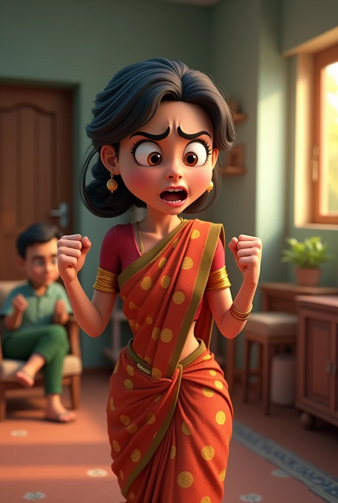 Saree wear Woman shouting on husband ai 3d cartoon type realistic image