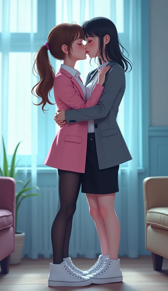 Two girls, long black hairs, yuri, lesbian
(The first girl wear a pink suit jacket, white shirt, black pencil skirt, black underpants, black tights, white socks, white sneakers high top)
(The second girl wore a grey suit jacket, white shirt, black pencil skirt, black underpants, black tights, white socks, white sneakers high top)
french kiss, lesbian kiss, hugging, sensual body, closed eyes, used one hand pull up the black pencil skirt, light blue living room, novel cartoon, 4K, HD
