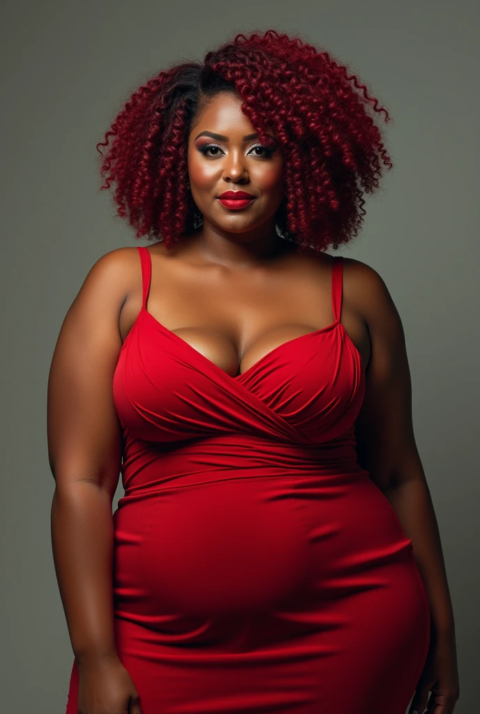 A bright burgundy dyed tigress brunette in a red dress with a thick complexion and a round face with short curly hair with few breasts and wide ribs 