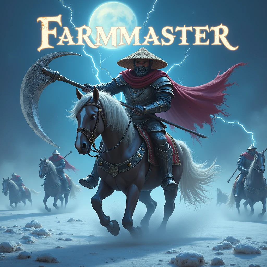 A realistic and ultra detailed photograph of a male warrior, wearing magnificent silver and cloth armor and a straw hat and an intimidating mask. Determinedly grabbing a scythe-like weapon, he charges across the ice with his horse, while vibrant lightning illuminates the entire photo, enhancing his fierce pose. The name “FarmMasteR” is displayed prominently in gothic letters behind him, illuminated by the glow of the moon.