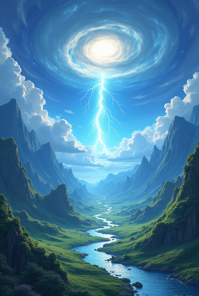Reincarnation Anime-style 3D landscape with no people and lightning strike