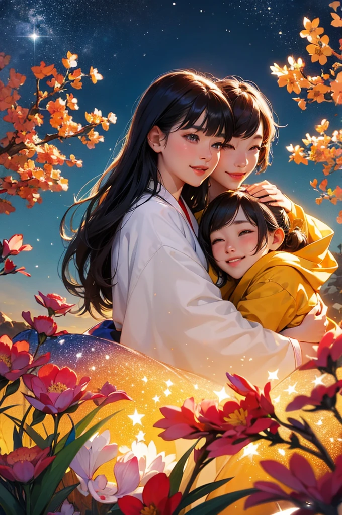 On a starry night, two beautiful girls in kimonos are looking at each other, smiling and having fun with their faces close together.