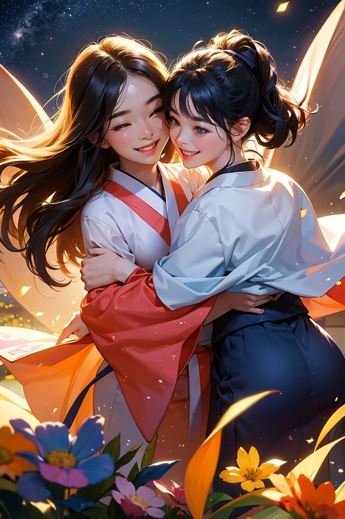 On a starry night, two beautiful girls in kimonos are looking at each other, smiling and having fun with their faces close together.